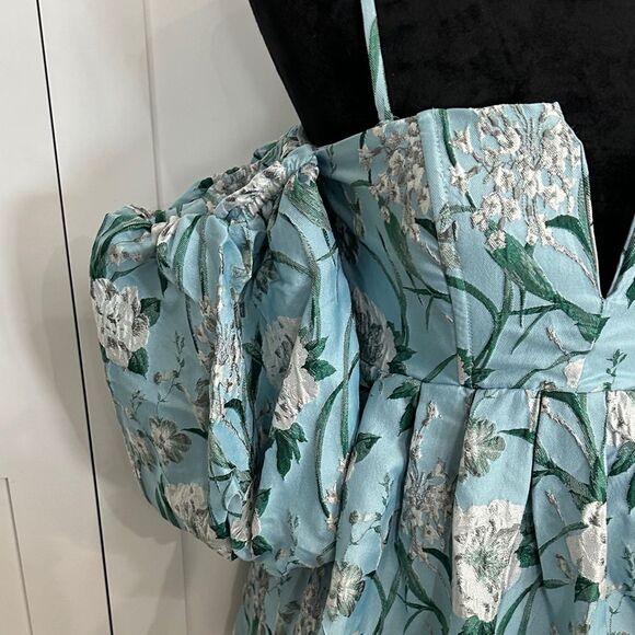Ina - Aqua Blue Elegant Floral Puff Sleeve Dress - M - NWT - Picture 7 of 10